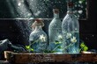 A still life arrangement of glass bottles filled with water and adorned with water droplets, capturing the play of light and shadow in a simple yet elegant way, no contrast