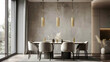 Modern dining room with minimalist interior design, beige stucco wall, and brass pendant lights