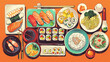 Asia foods set colorful contrast scheme, flat illustration style, pop art design, Generative AI