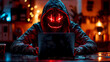 A person wearing a hoodie in front of laptop screen, scary, glowing, futuristic mask, crime, cyber attack, security, cybersecurity and data protection, mystery