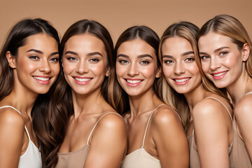 Beauty, diversity and portrait of women happy with makeup for cosmetic skincare isolated in studio brown background. Skin, aesthetic and young friends together for self care, dermatology and support