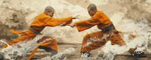Dynamic Shaolin Monks Demonstrating Kung Fu Techniques By The Water