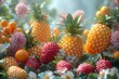 An imaginative array of colorful fantasy fruits amidst greenery