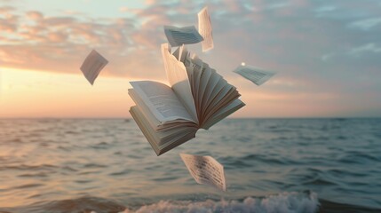 A book is flying in the air above the ocean