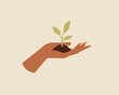 An African hand holding sprout. Plant a tree. Hand giving a plant. Earth day. Environment. Vector illustration cartoon flat style