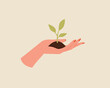 A woman hand holding sprout. Plant a tree. Hand giving a plant. Earth day. Environment. Vector illustration cartoon flat style