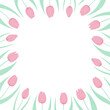 Tulip flowers frame, border. Hand drawn flat illustration. Spring blossoms, pink blooms, decorative florals. Vector design. Mothers Day, Easter, seasonal, botanical drawing