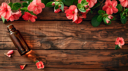 Canvas Print - geranium essential oil in a bottle. Selective focus.