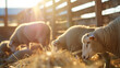Golden hour at livestock barn, sheep eating fodder. Agricultural scene, farm animals, rural life,  husbandry.