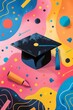 black graduation cap on abstract bright background, vertical, graduation