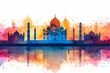 Watercolor panorama view of India with Taj Mahal. Night ancient arab city in desert, east architecture in oasis. Happy Independence Day of India. Travel and tourism concept