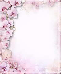 Wall Mural - Pink orchids frame with pearls on a blurred background in watercolor style