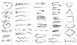 Black dry brush marks, pencil squiggles and scribbles. Hand drawn vector pencil drawing of various lines, spirals and designs, chalk strokes, pencil dividers. Curly lines. Vector illustration. 