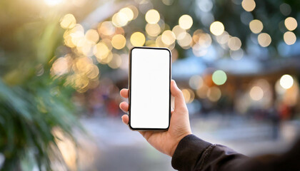 Hand holding smart phone with clean white screen. Mockup blank template.