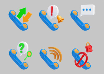 Aufkleber - 3D phone icons. Call customer service. Support contact center. Bubble speech. Render telephone receiver. Mobile ring. Cellphone communication. Chatting message. Vector cartoon elements set