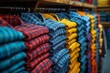 Colorful rows of plaid shirts hanging in a store, focusing on the pattern variety and fabric quality