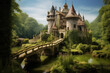Enchanting fairytale castle atop a lush green hill, surrounded by a moat and drawbridge. Generative AI