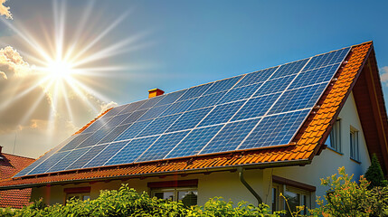 solar panels on a roof under a blue sky with sunrays