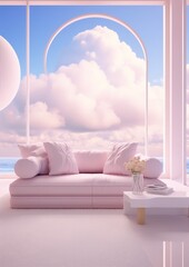 Wall Mural - Minimalistic pink living room interior with large arched windows and a pink sofa