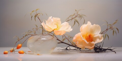 Poster - Elegant still life of beige peonies in a glass vase with water, on a white marble table, with a gray background, in a minimalist style, with soft lighting.
