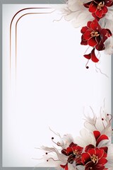 Wall Mural - Red and white flower bouquet with golden leaves and frame on a white background, digital art, art deco, interior, floral.