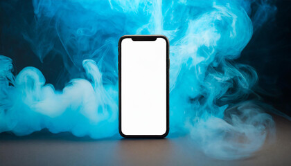 Close-up of smart phone with clean white screen and blue smoke on backdrop. Mockup blank display