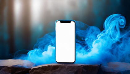 Close-up of smart phone with clean white screen and blue smoke on backdrop. Mockup blank display
