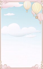 Poster - Hot air balloons in a blue sky with clouds, framed by a pink border with flourishes.
