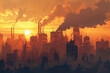 Urban Skyline Silhouetted Against Sunset and Air Pollution
