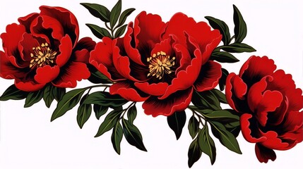 Wall Mural - Three red peonies with green leaves on a white background, in a vintage botanical illustration style.