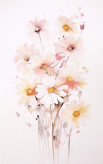 Wall Mural - Watercolor painting of pink and yellow daisies in a loose painterly style with a white background.