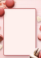 Poster - Pink and white macarons and heart shaped candies on a pink background