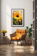 Oil Painting Of A Bright Yellow Sunflower In A Black Frame Above An Orange Armchair And A Plant In A White Pot In A Bright Room With White Walls And Brown Wooden Floor In Impressionist Style