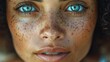   A close-up of a woman's face with freckled skin, her eyebrows and eyes dotted with tiny freckles