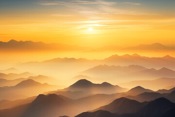 Wall Mural - Sunrise over a misty mountain range. Generative AI