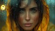   A woman in a yellow raincoat gazes out of the window, raindrops dotted on her face, as wind tousles her hair