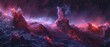   A digital representation of a mountain range backdrop, featuring red and purple clouds, and a starlit sky above