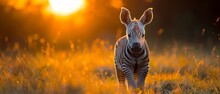   A Zebra Stands Amidst A Field Of Tall Grass, As The Sun Sets In The Distance Behind It