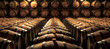 Old Wine Cellar Filled With Wooden Barrels Stacked in Rows