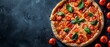 © Jevjenijs - A tight shot of a pizza on a table, adorned with tomatoes and basil atop Beneath, basil leaves dot the surface