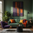 Modernes Wohnzimmerdesign mit grünem Sofa, farbigen Akzentkissen und abstraktem Kunstwerk an der Wand