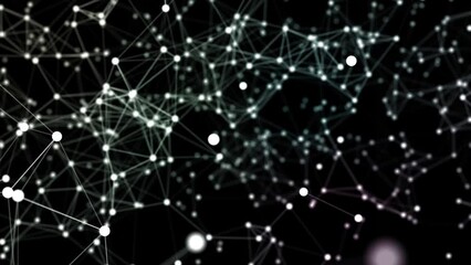 Looped background with white Plexus designs on a black screen. Abstract animation of flying points and structures in 4K.