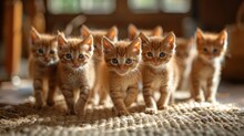   A Cluster Of Tiny Kittens Strolls On A Plush Carpet Before A Wooden Table, Atop Which Sits A Woven Basket
