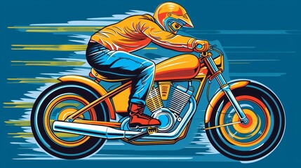 Wall Mural -   A man rides on a motorcycle's back against a blue background, adorned with yellow and orange paint splatters