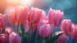   A tight shot of pink tulips with sun rays filtering through their backs