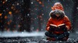   A young girl sits in the snow, book in hand, undisturbed amidst gentle falling flakes
