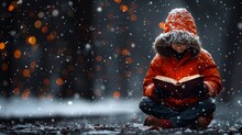   A Young Girl Sits In The Snow, Book In Hand, Undisturbed Amidst Gentle Falling Flakes