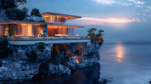 A Modern Home Is Perched On A Cliff Overlooking The Ocean At Dusk. The Ocean Is Calm And The Sky Is Cloudy.