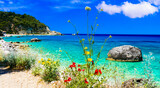 Fototapeta Miasto - Greek summer destinations. Turquoise beautiful beaches  of Lefkada island, Agios Nikitas village .Greece, Ionian islands