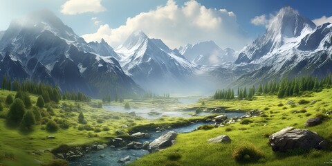 Wall Mural - AI Generated. AI Generative. Green nature outdoor adventure vacation countryside landscape background meadow field with mountains hills. Graphic Art